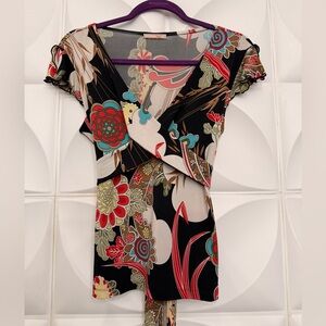 Floral Print Wrap Blouse - Black and Red